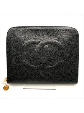 Chanel CC Logo Caviar Leather Mini Pouch Second Black